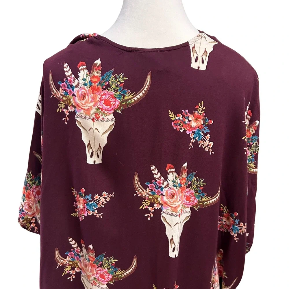 Angie Women's Kimono Topper Bull Skull Floral Burgundy Bohemian‎ Boho Size L